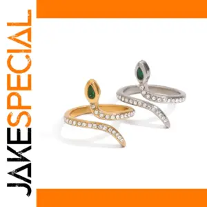 Stainless Steel Snake Ring with Green Eye