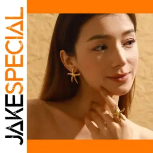 Gold Stainless Steel Starfish Earrings and Ring Set