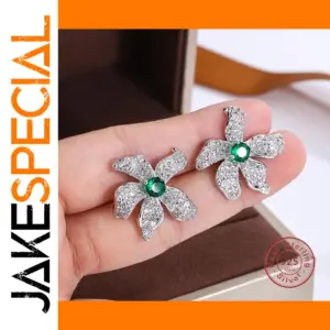 Elegant Silver Flower Stud Earrings with Emerald