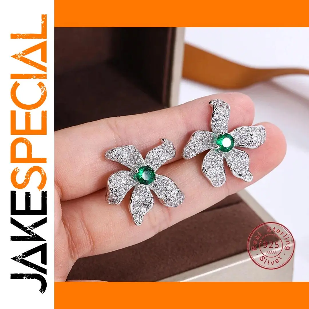 Elegant Silver Flower Stud Earrings with Emerald 1 Elegant Silver Flower Stud Earrings with Emerald