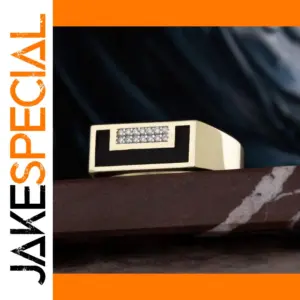 Gold Men's Ring with Zircon and Black Enamel