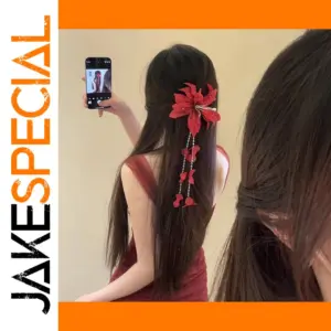 Red Flower Hairpin with Cascading Beads