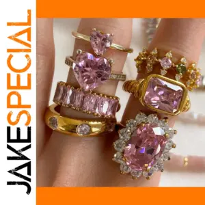 Gold Stainless Steel Geometric Ring with Pink Gems