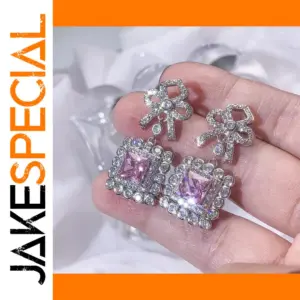 Pink Bow Drop Earrings in Sterling Silver