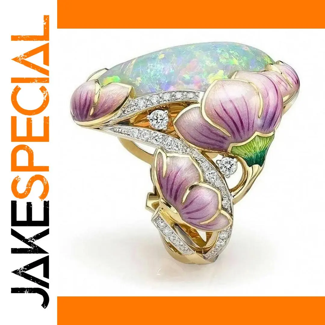 Gold Floral Cocktail Ring with Fire Stone 1 Gold Floral Cocktail Ring with Fire Stone