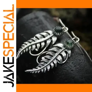 Vintage Feather Drop Earrings with Green Stone