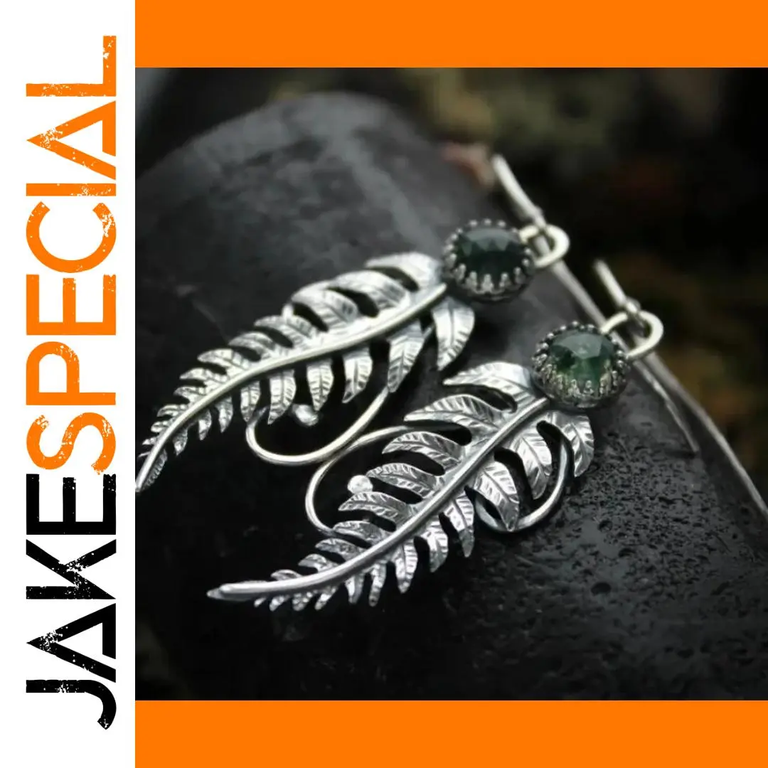 Vintage Feather Drop Earrings with Green Stone 1 Vintage Feather Drop Earrings with Green Stone