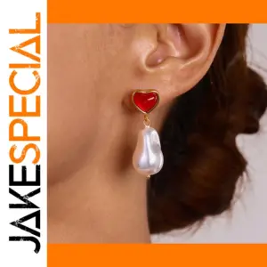 Red Heart Pearl Drop Earrings in Stainless Steel