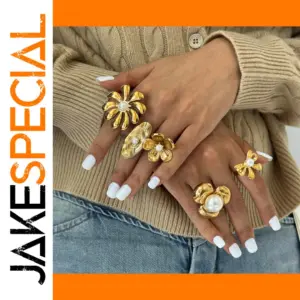 Stainless Steel Gold Pearl Flower Ring