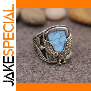 Silver Men's Eagle Ring with Sky-Blue Zircon