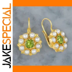 Vintage Drop Earrings with Green Stone and Pearls