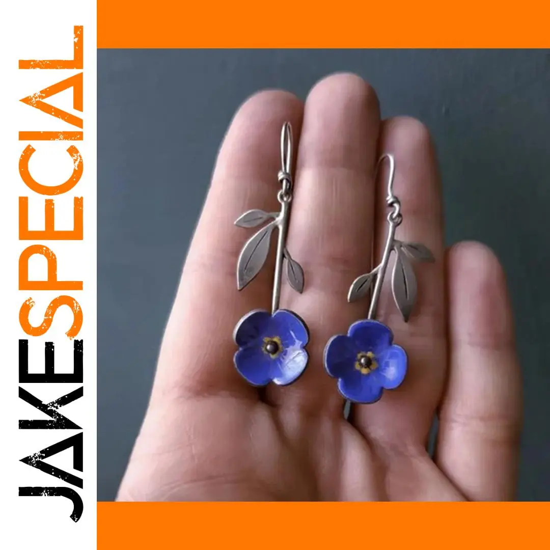 Vintage Silver Drop Earrings with Blue Flower 1 Vintage Silver Drop Earrings with Blue Flower