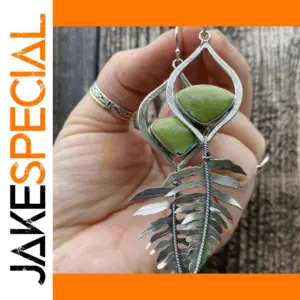 Vintage Green Stone Drop Earrings with Fern Charm