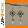 Vintage Gold Drop Earrings with Red & Pearl Accents