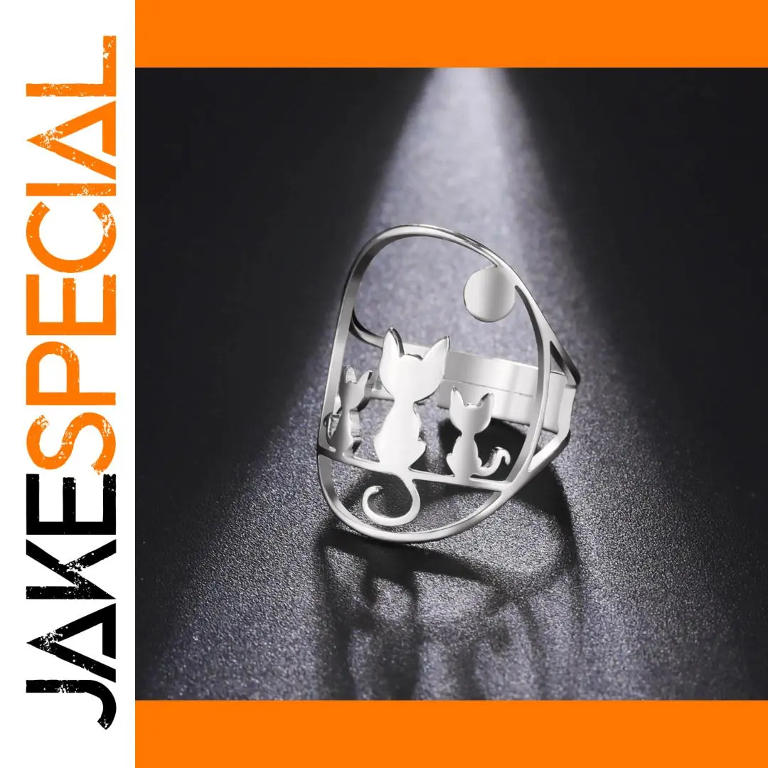 Whimsical Cats & Moon Adjustable Ring for Women 1 Whimsical Cats & Moon Adjustable Ring for Women