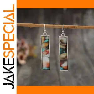 Vintage Silver Geometric Boho Earrings with Green Stone