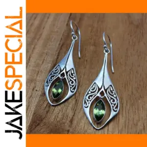 Vintage Ethnic Silver Drop Earrings with Green Gem
