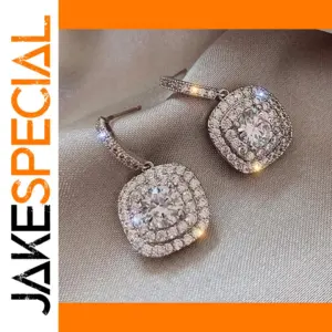 Silver Square Earrings with White Stones