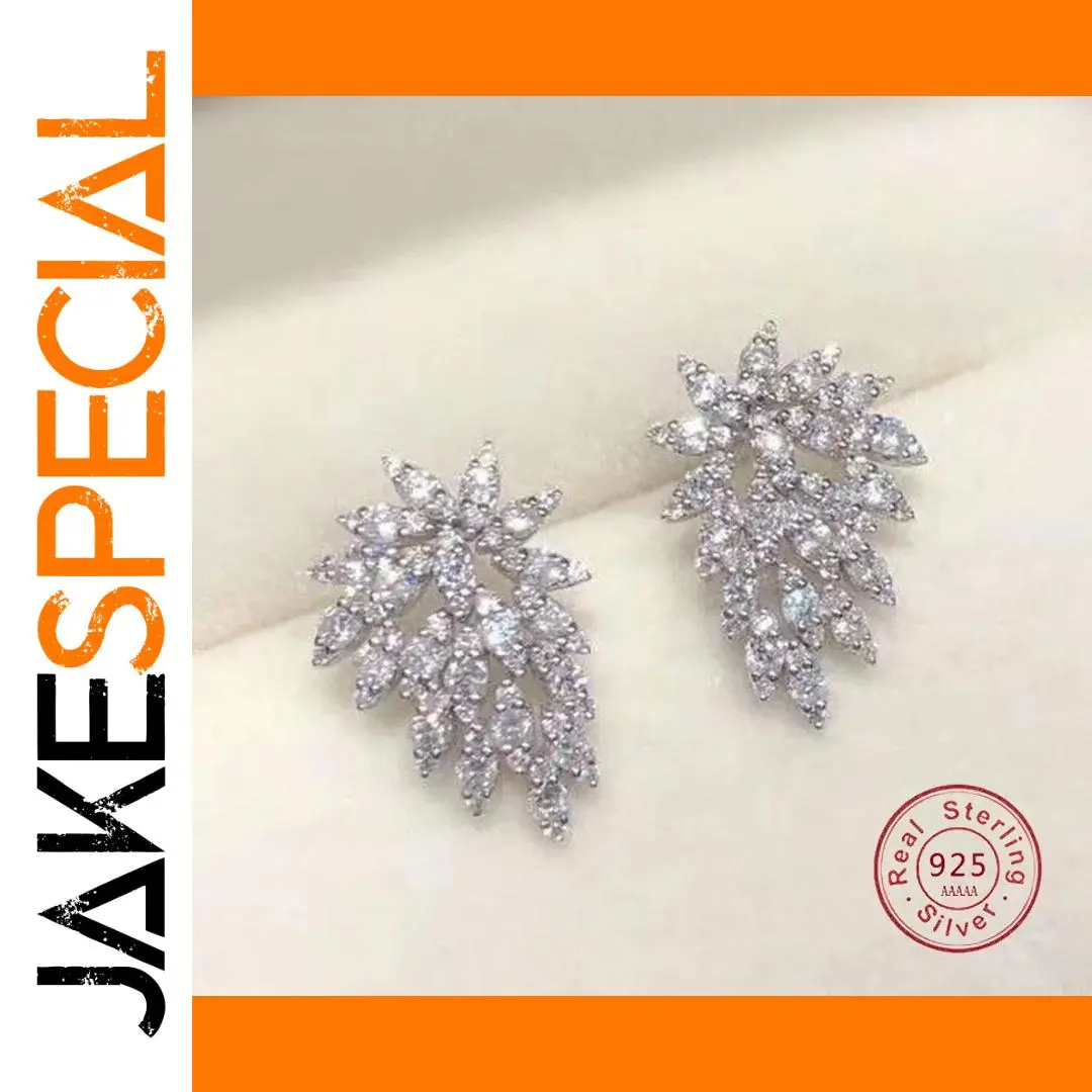 Geometric Leaf Zircon Earrings in Silver 1 Geometric Leaf Zircon Earrings in Silver