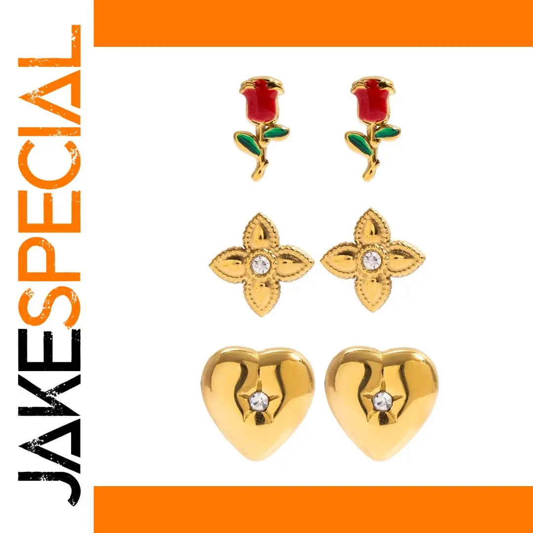 Romantic Stainless Steel Heart & Flower Earrings Set 1 Romantic Stainless Steel Heart & Flower Earrings Set