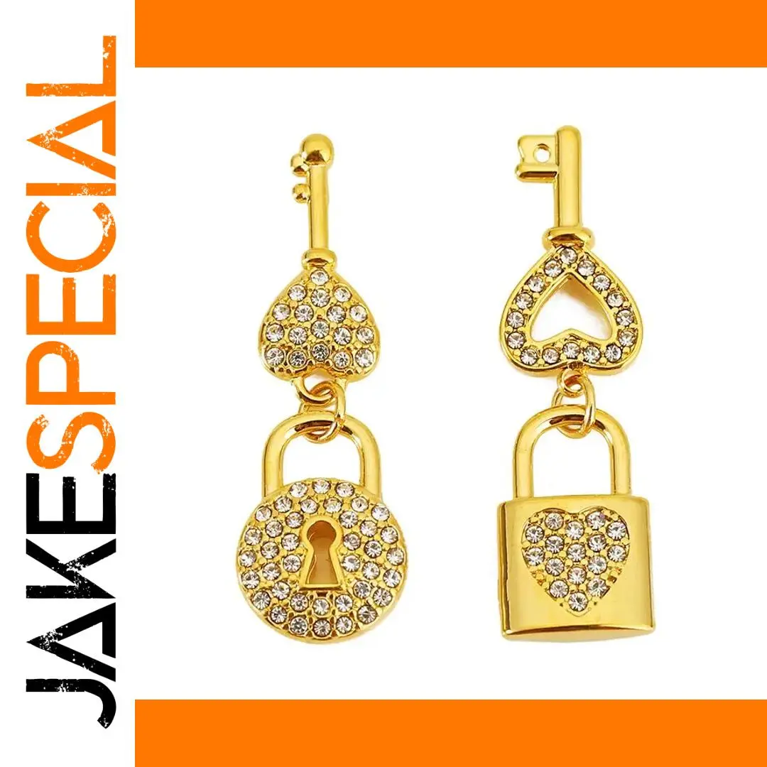 Gold Key Lock Earrings with Zircon Stones 1 Gold Key Lock Earrings with Zircon Stones