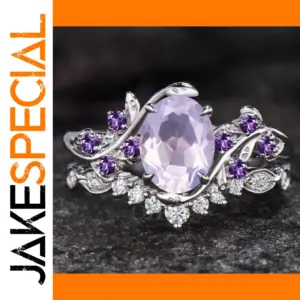 Silver Women's Floral Ring Set with Purple Stones