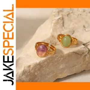 Stainless Steel Amethyst Open Ring with Geometric Design