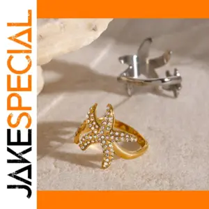 Stainless Steel Starfish Ring with Rhinestones
