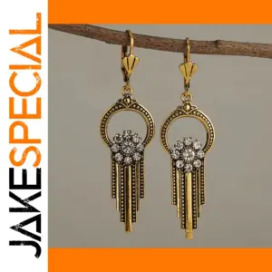 Vintage Gold Drop Earrings with Rhinestone Accents