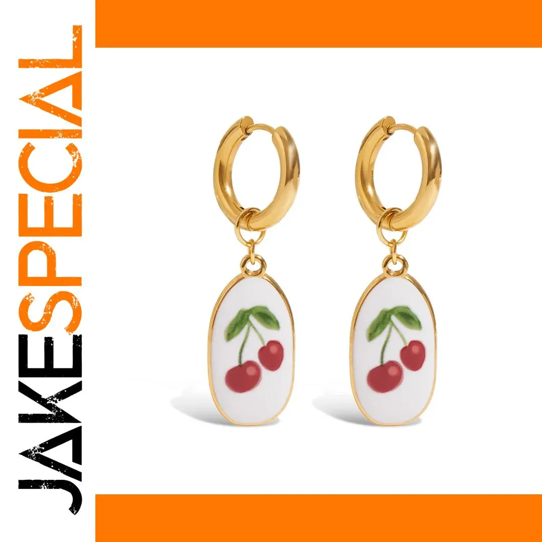 Stainless Steel Cherry Hoop Earrings JDE0205002 1 Stainless Steel Cherry Hoop Earrings JDE0205002