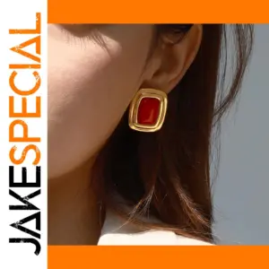 Geometric Stainless Steel Earrings with Red Agate