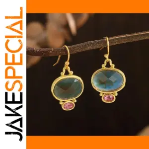 Gold and Green Blue Drop Earrings with Pink Accent