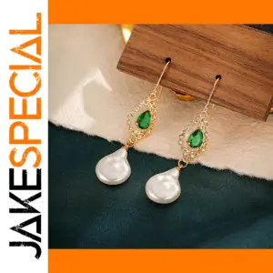 Gold Drop Earrings with Green Zircon and Pearls