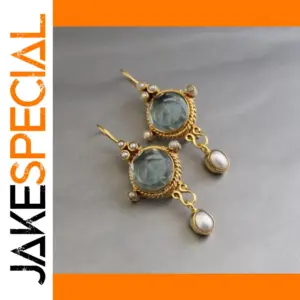 Vintage Oval Inlaid Blue Flower Earrings