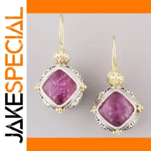 Vintage Gold Square Earrings with Pink and Red Stones