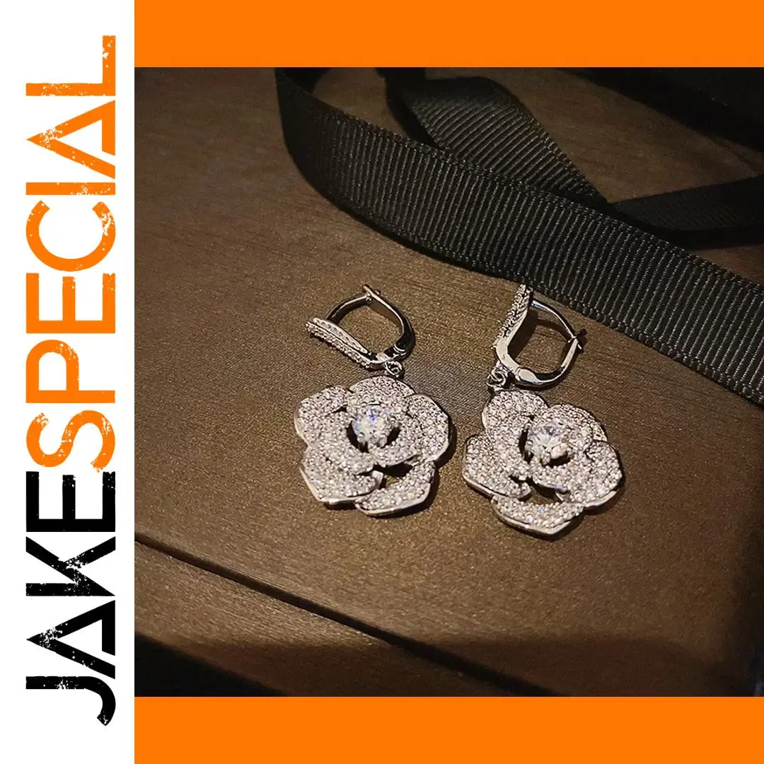 Elegant Silver Rose Drop Earrings with Zircon Stones 1 Elegant Silver Rose Drop Earrings with Zircon Stones