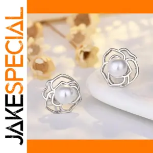 Rose Flower Pearl Stud Earrings with 6mm Pearl