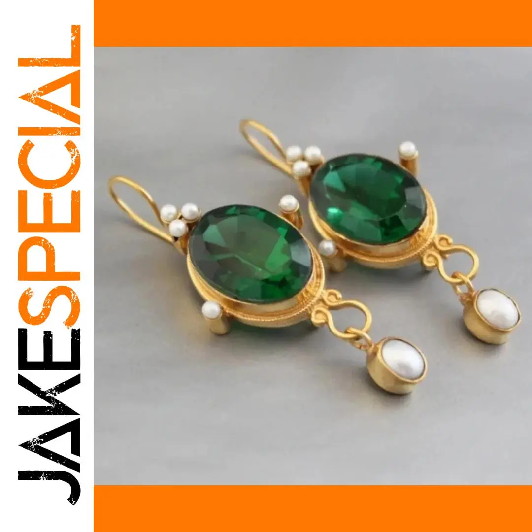 Gold-Toned Drop Earrings with Green Stone 1 Gold-Toned Drop Earrings with Green Stone