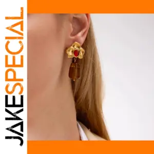 Vintage Stainless Steel Drop Earrings with Red Agate