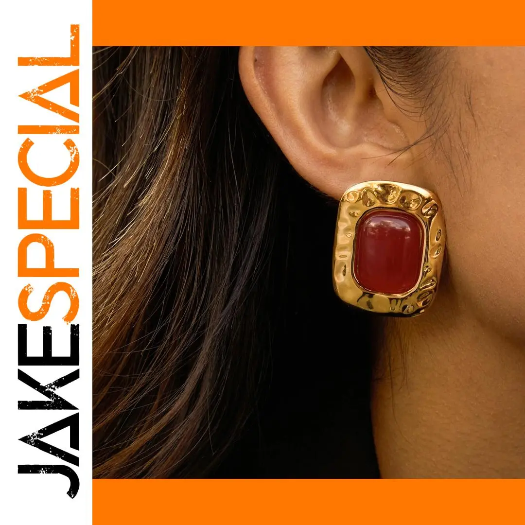 Vintage Stainless Steel Square Earrings with Red Cabochon 1 Vintage Stainless Steel Square Earrings with Red Cabochon