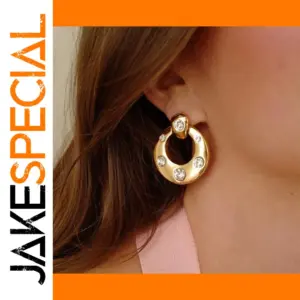 Large Stainless Steel Gold Earrings with Sparkling Stones