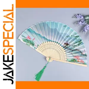 Vintage Asian Silk Bamboo Folding Fan with Scenic Design