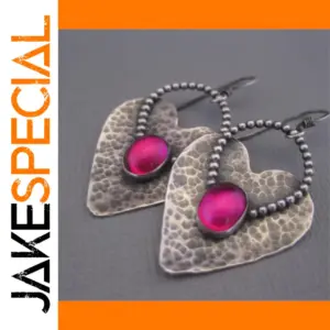 Vintage Heart Drop Earrings with Pink Gem