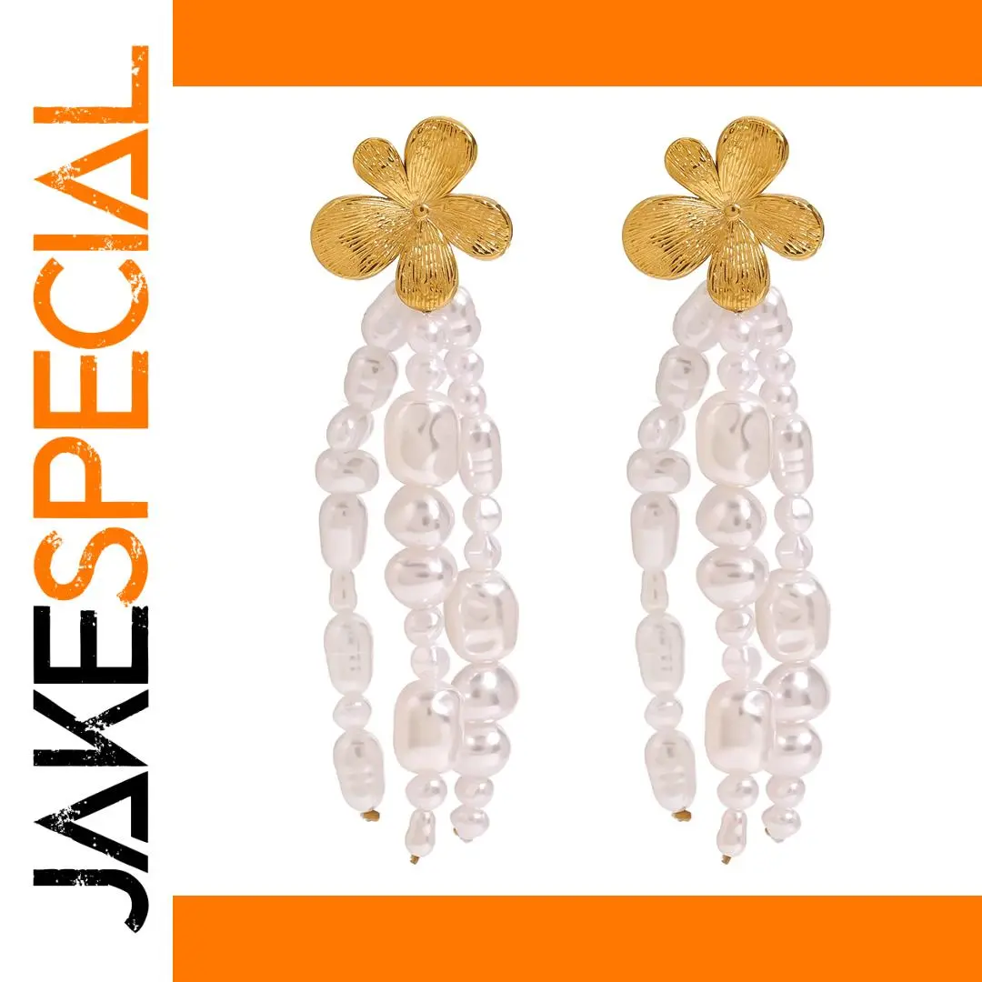 Gold Stainless Steel Floral Earrings with Pearls 1 Gold Stainless Steel Floral Earrings with Pearls