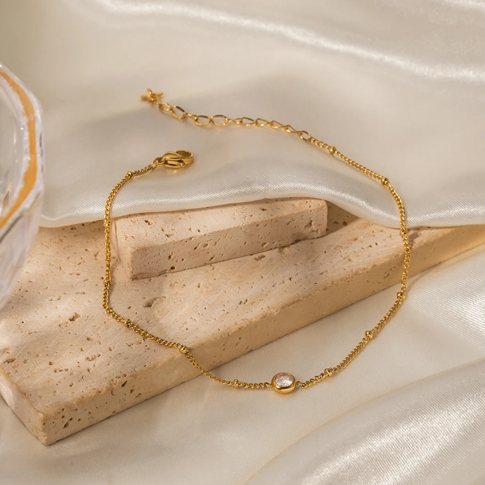 Stainless Steel Gold Anklet with Zircon Accent 2 Stainless Steel Gold Anklet with Zircon Accent - Image 2