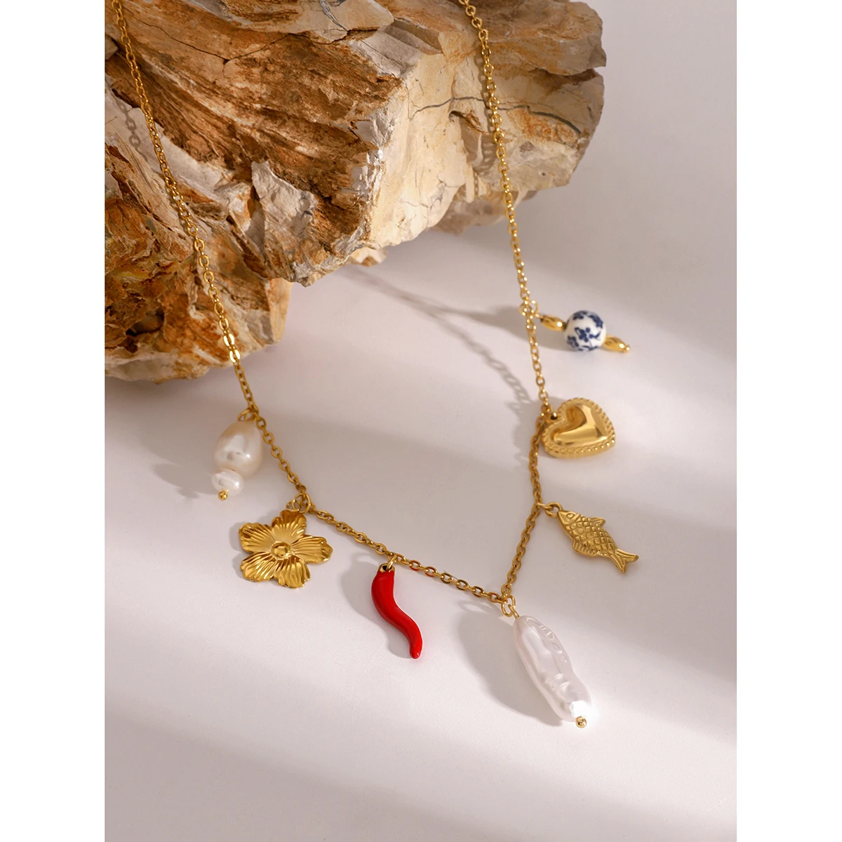 Gold Stainless Steel Mosaic Charm Necklace for Women 5 Gold Stainless Steel Mosaic Charm Necklace for Women - Image 5