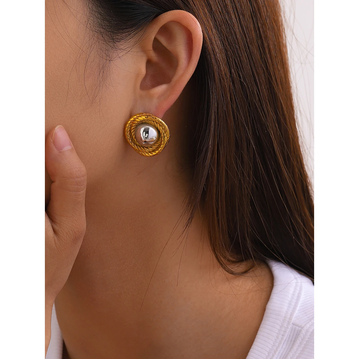 Vintage Gold Stainless Steel Round Stud Earrings 4 Vintage Gold Stainless Steel Round Stud Earrings - Image 4