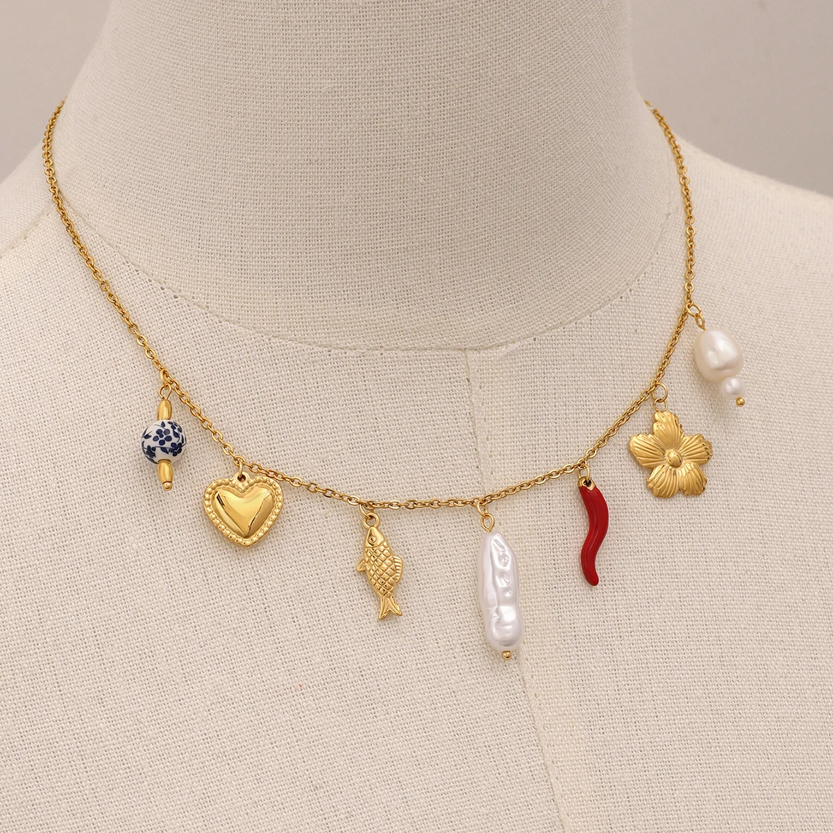 Gold Stainless Steel Mosaic Charm Necklace for Women 3 Gold Stainless Steel Mosaic Charm Necklace for Women - Image 3