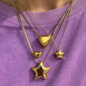 Elegant Gold Layered Stainless Steel Necklace with Star and Hearts