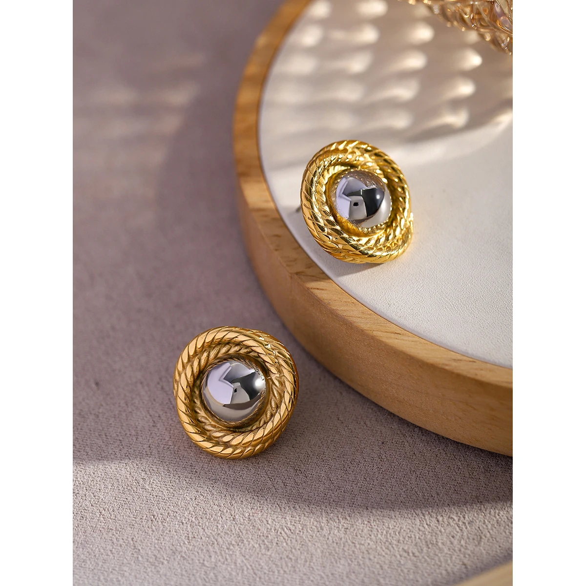 Vintage Gold Stainless Steel Round Stud Earrings 5 Vintage Gold Stainless Steel Round Stud Earrings - Image 5
